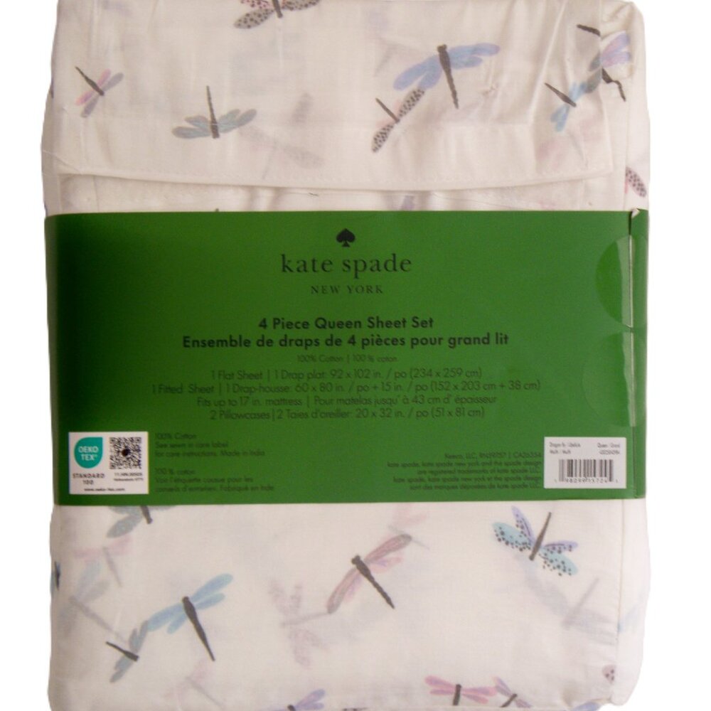Kate Spade Queen Sheet Set 4pc Dragonfly Colorful Pink Blue Purple NEW - Picture 2 of 5